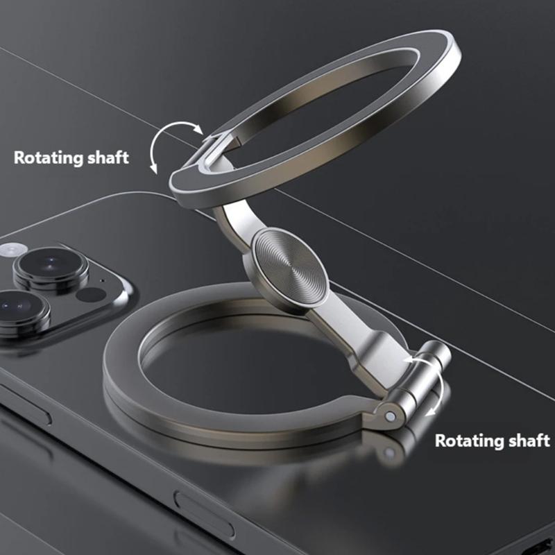 Double Hoop Magnetic Phone Holder with Full Rotation Capability Foldable Metal Construction for Desks