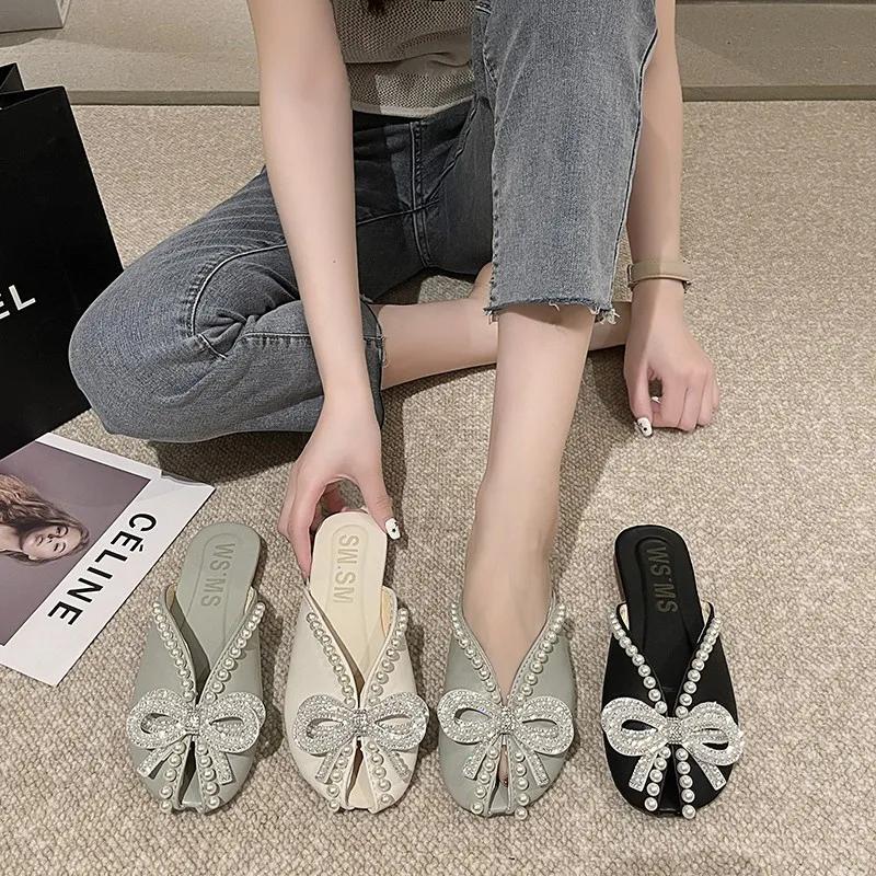 Women's Fashion Slippers Summer Fish Mouth Pearl Flat Bow Rhinestone Outer Half Baotou Sandals Comfortable Soft Sole Women Shoes