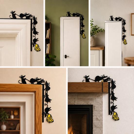 Unique Metal Craft Mouse Door Topper, Funny 6 Mice And Cheese Slice Frame Decor, Punch Free Decoration Cute Rats Wall Art Corner Sign for Living Room,