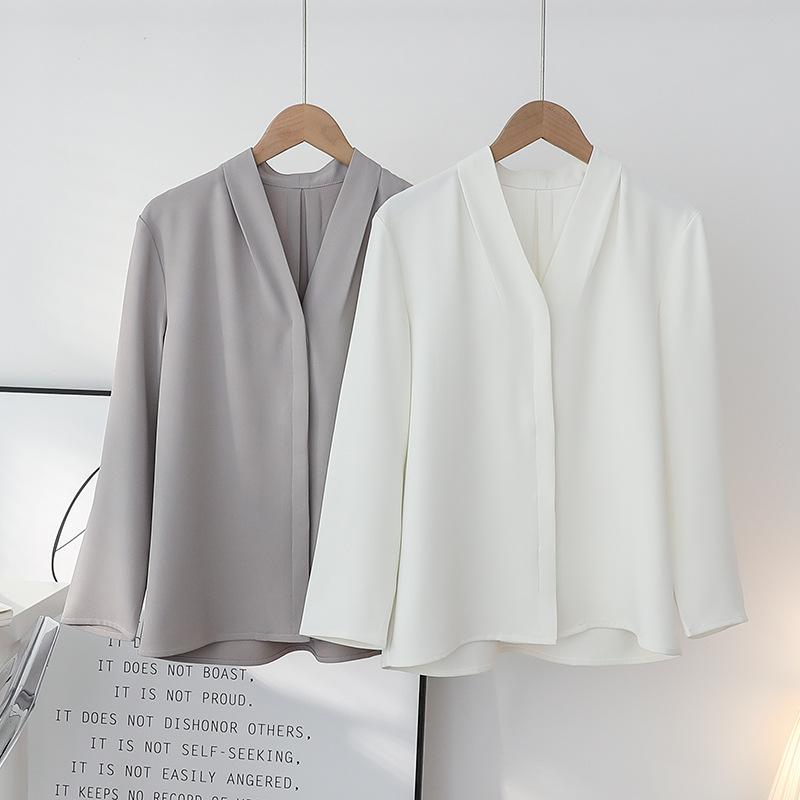 Camicetta da Donna Professionale Grigio Bianco a Scollo a V a Manica Lunga Autunnale