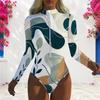 Women Plus Size One Piece Swimsuit High Neck Front Zip Long Sleeve Abstract Leaf Print