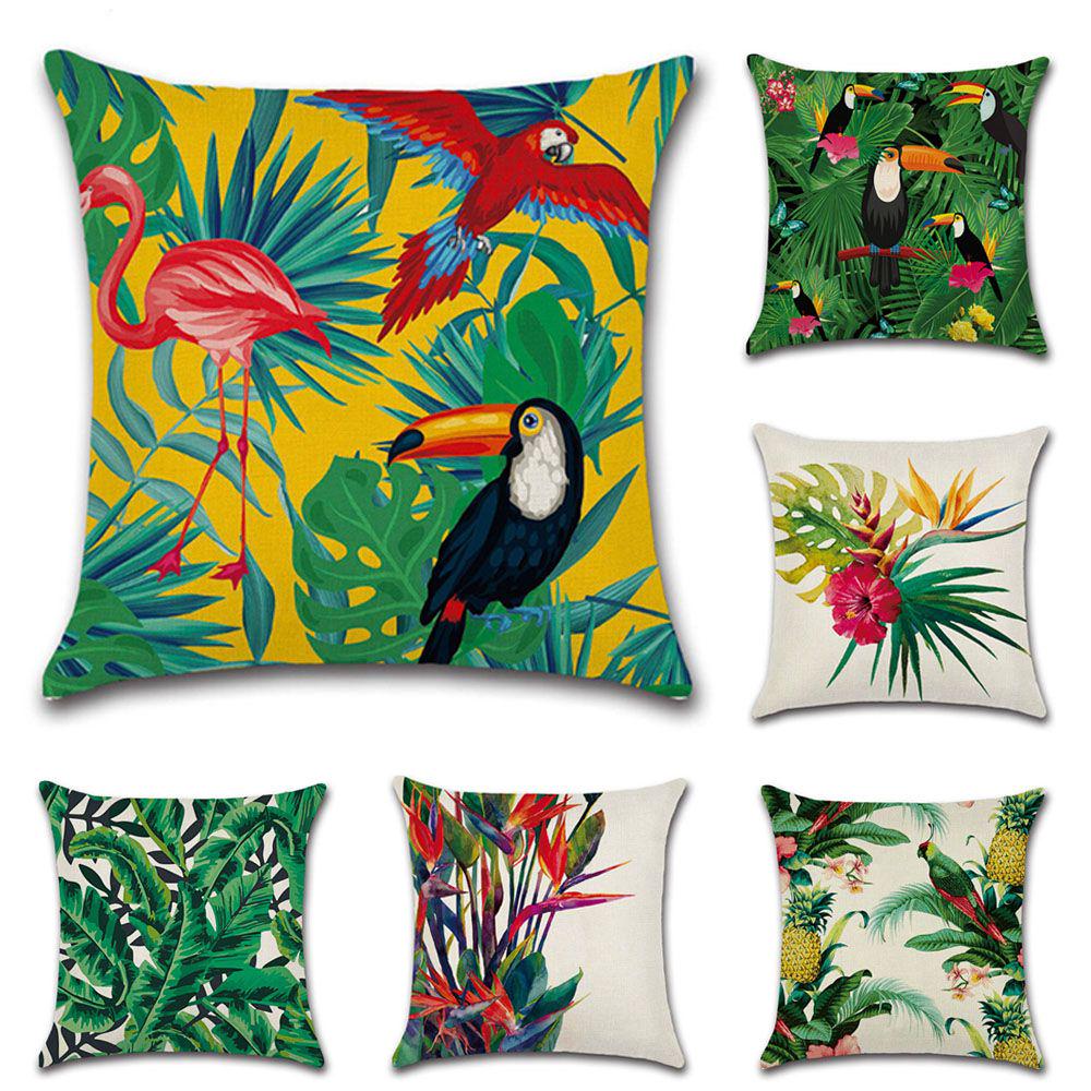 Waist Home Flamingo Bird Throw Pillow Case Bedroom Decoration Green Leaves Printed Cushion Cover