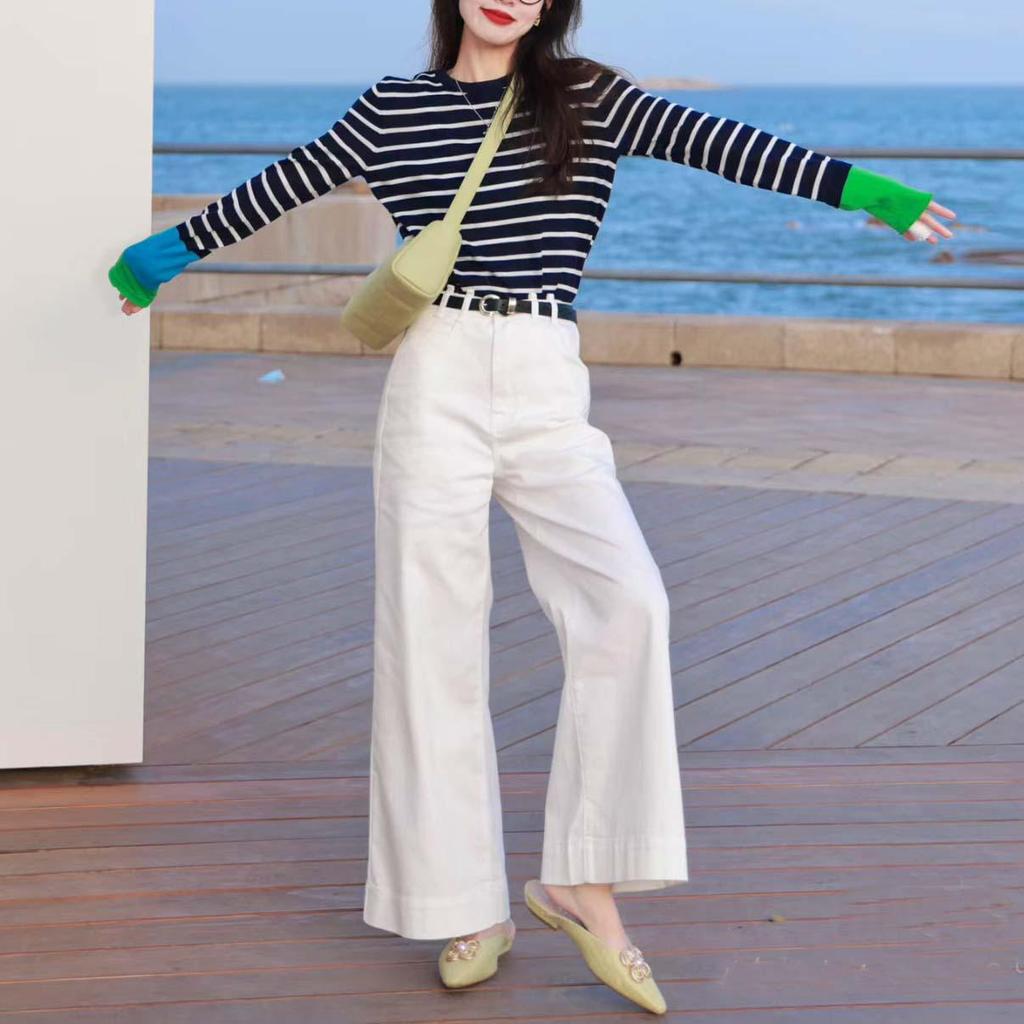 Thickened Skin-Friendly Age-Reducing Colorblock Cuffs Striped Knit Sweater - Xiaohongshu Style Long-Sleeve Base Layer for Autumn/Winter