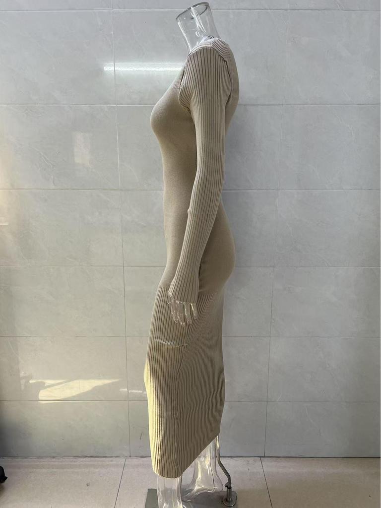 Damen Langarm Herbst/Winter Woll Bodycon Kleid - Gestrickt, Gerippt, Einfarbig, Rundhals