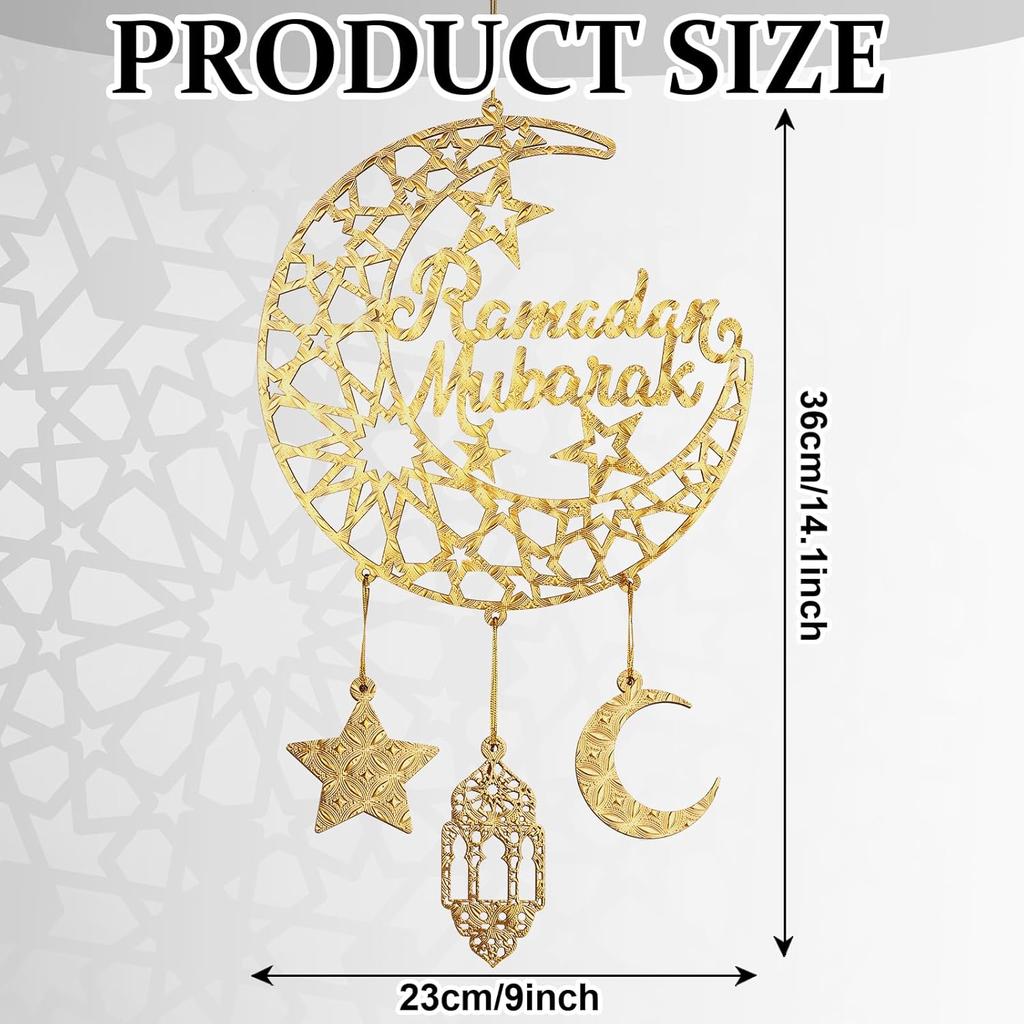 2 Pieces Eid Mubarak Door Sign Wooden Hanging Signs, Ramadan Kareem Hollow Ornament Decorations Moon and Stars, Moon Shape Ramadan Mubarak Party Wood