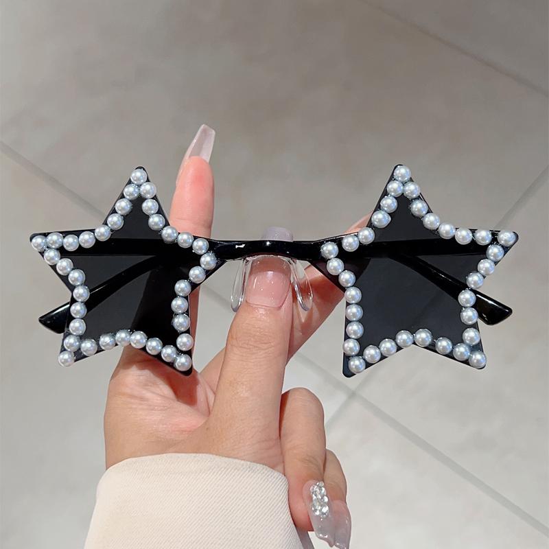 KAMMPT Cute Star Shaped Sunglasses with Pearls Women New Fashion Decor Shades Trendy Original Handmade Outdoor Rave Sun Glasses