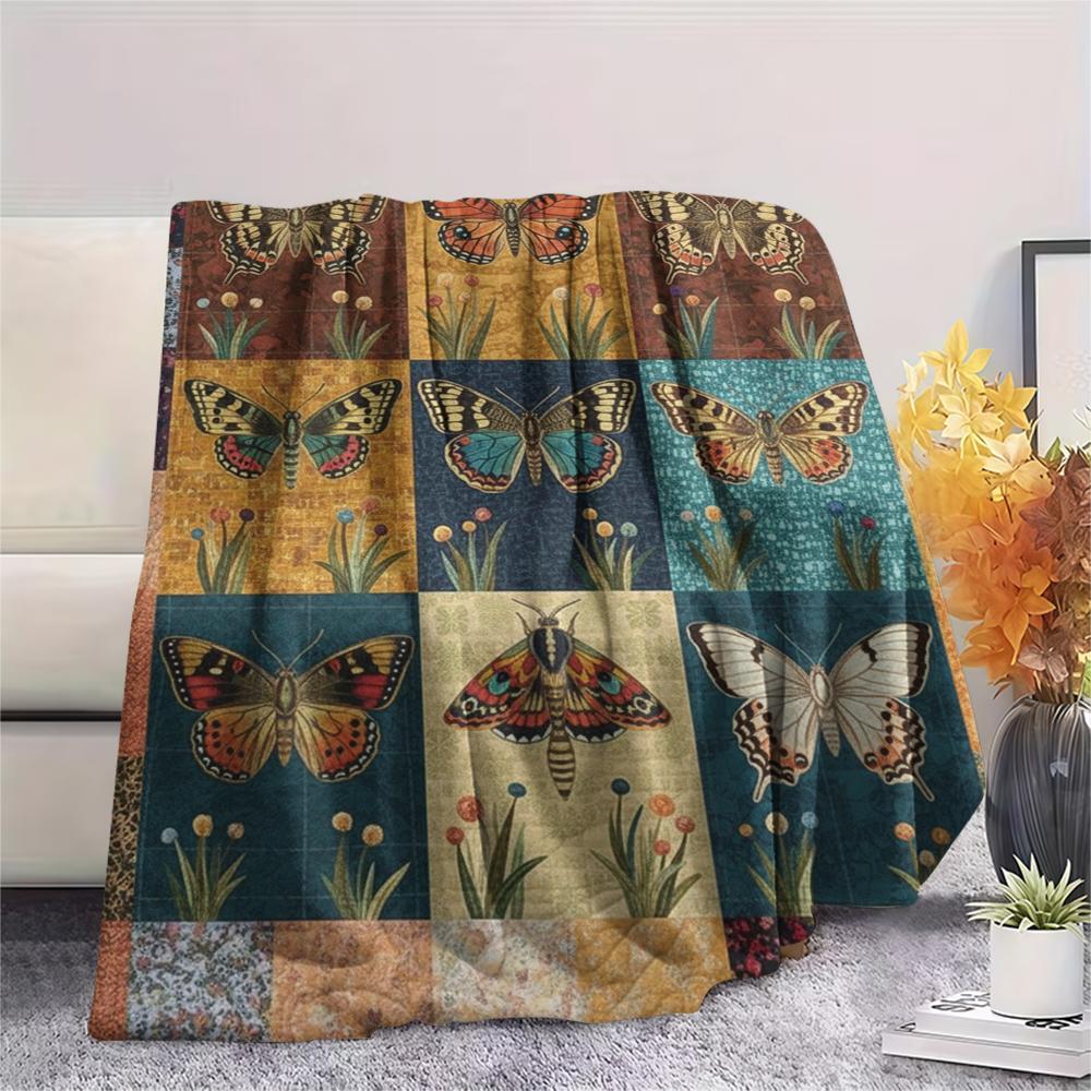 1Pc Patchwork Insect Print Flannel Blanket, High quality Comfortable for All Seasons, Home Decor, Warmth and Comfort, Perfect for Christmas Gifts67