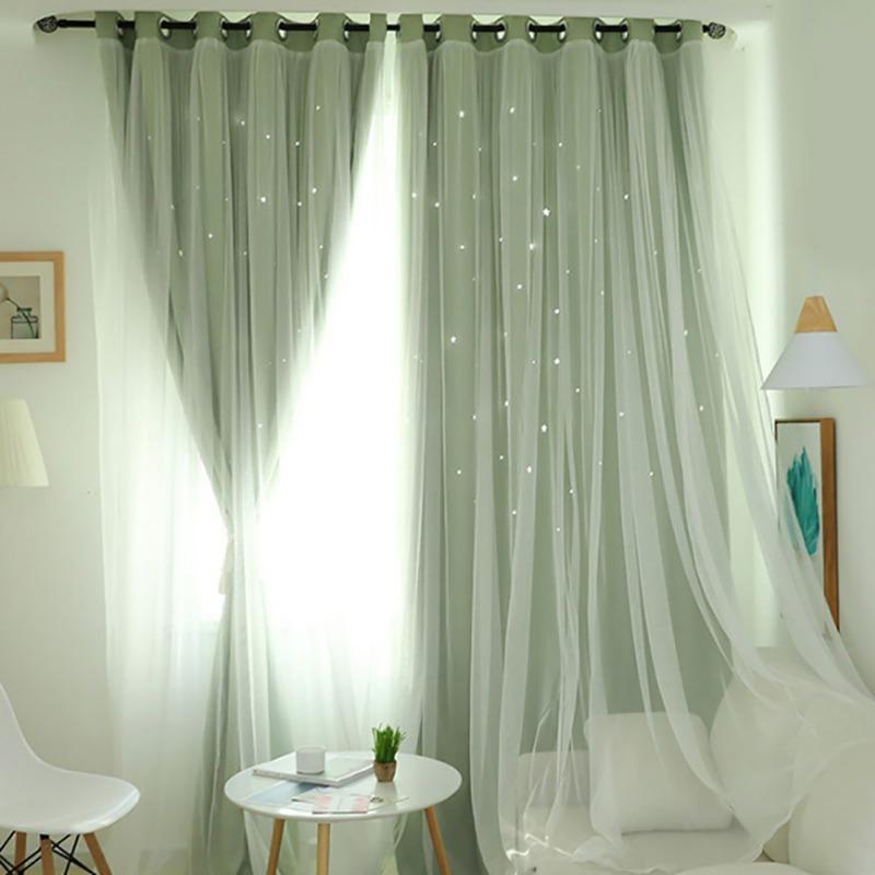 100*200cm Romance Double-Deck Cloth & Blackout Floor-standing Curtain Star Hollow Curtain Drape 2pcs