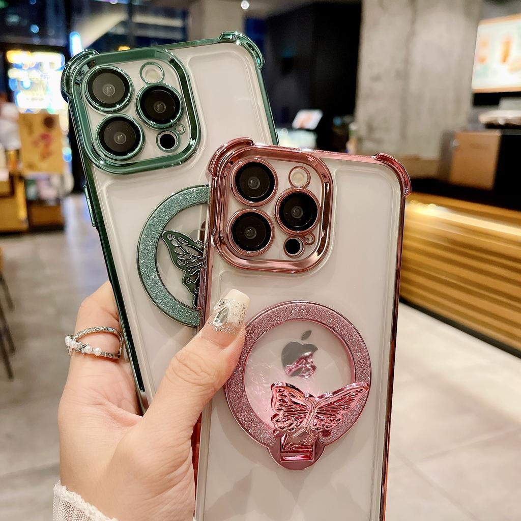 Applicable to iPhone17 mobile phone case electroplating airbag anti-drop butterfly glitter magnetic suction bracket Apple 16PROMAX hard