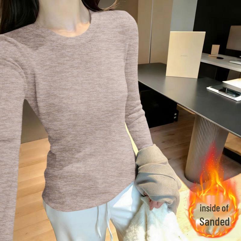 Women's Double-Sided Brushed Knit Base Layer Top - Solid Colors, Stylish Round Neck for 2026 Spring/Autumn