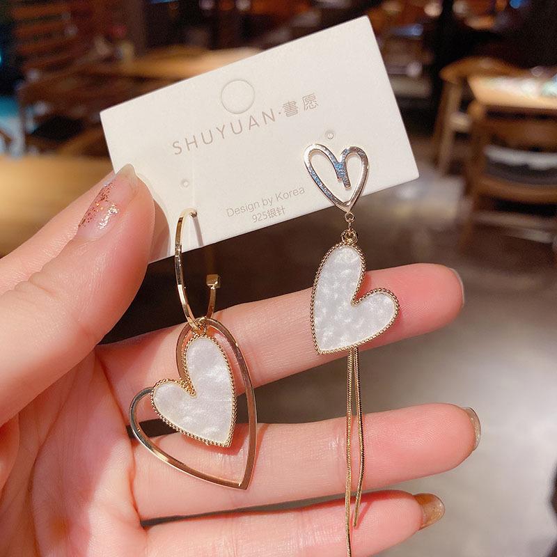 

Korean Asymmetrical Heart Tassel Earrings for Women - S925 Drip Oil Design белый