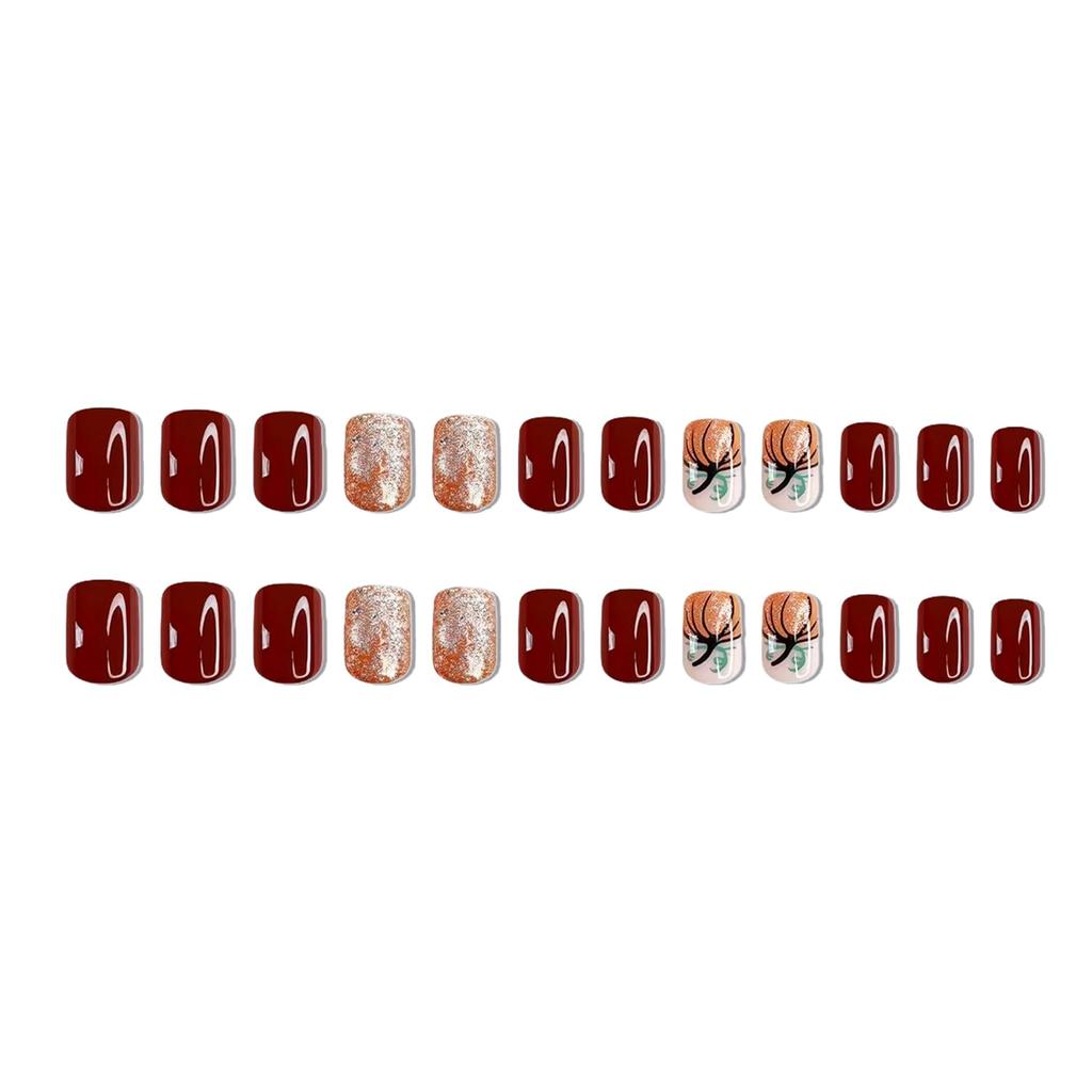 24Pcs Pumpkin Press on Nails Short Square Thanksgiving Fake Nails with Glitter Sequins Full Cover Fall Pumpkin False Nails Sparkly Autumn Acrylic