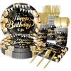 Black and Gold Birthday Party Theme: Disposable Happy Birthday Colorful Paper Plates, Cups, and Party Decorations
