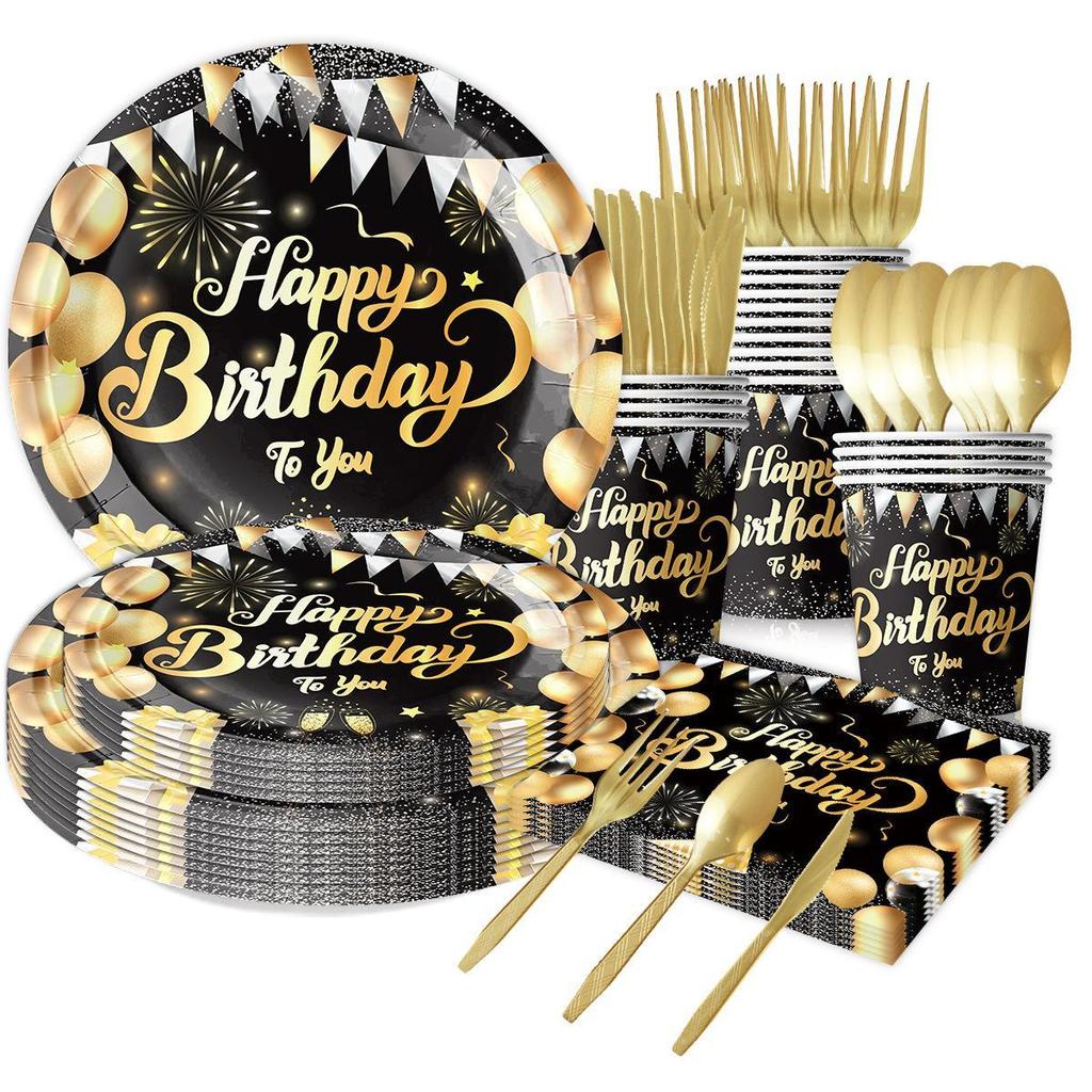 Black and Gold Birthday Party Theme: Disposable Happy Birthday Colorful Paper Plates, Cups, and Party Decorations