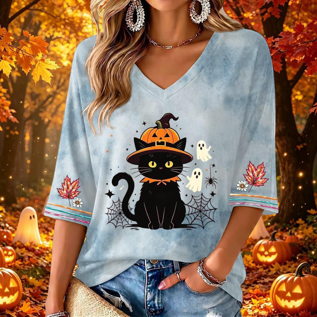 Women's V-Neck Three-Quarter Sleeve Casual Top with Halloween Print