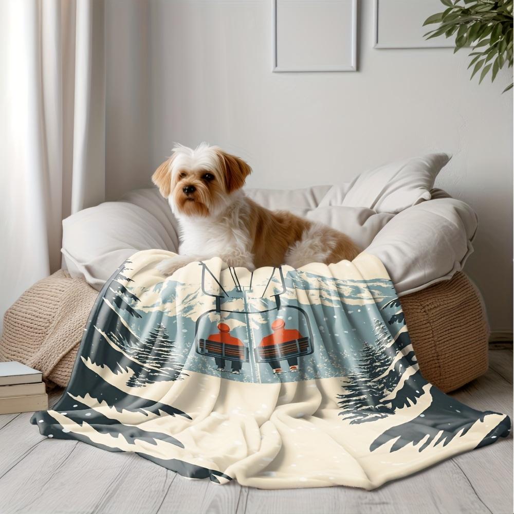 Winter Ski Lift Print Flannel Blanket, Soft Beige with Mountain Gondola Design, All-Season Couch Bed Cover for Camping Travel
