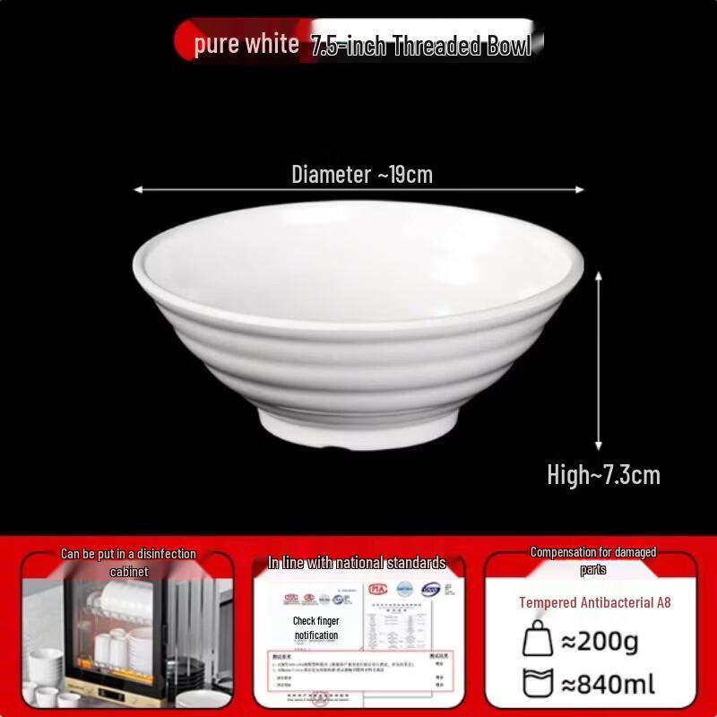 Commercial 7.5-inch White Threaded Melamine Noodle Bowl