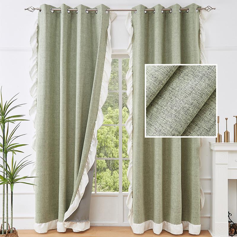 Ruffle Semi-Sheer Curtains, Plain Faux Linen Textured Vintage American Farmhouse Curtain Set for Living Room, Bedroom, Study