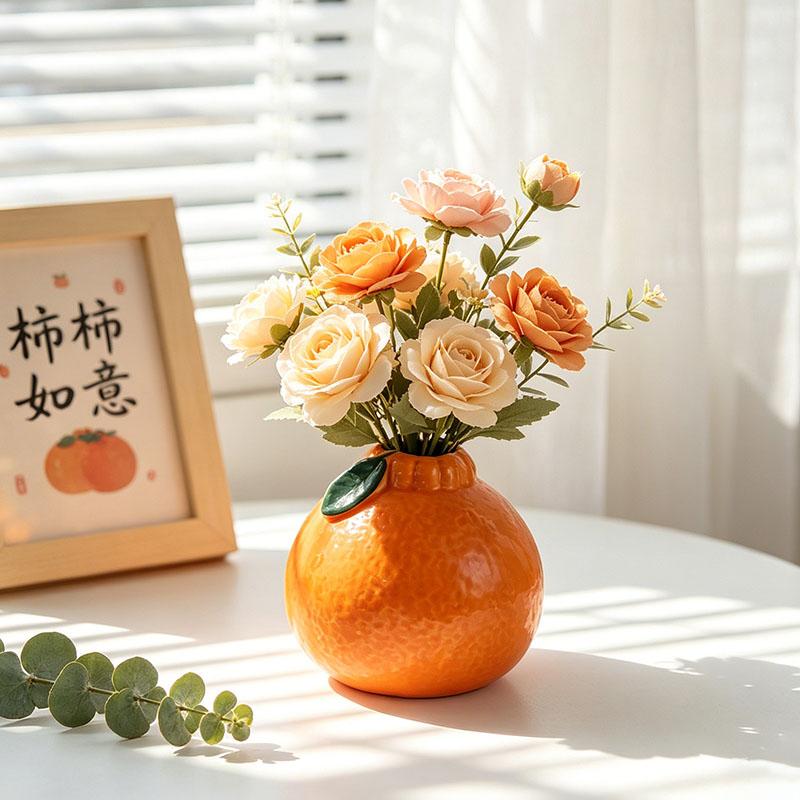 Cute Orange Shaped Ceramic Bud Vase, Small Fruit Flower Vase for Hydroponic Plants, Creative Home & Office Desktop Decor
