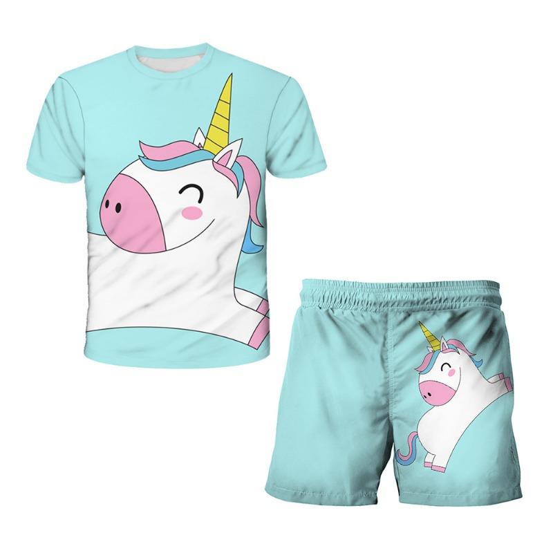 Unicorn Fashion Cute Girl Top T-shirt Short Sleeve+Shorts Two Piece Set Girls' and Children's Top Short Sleeve