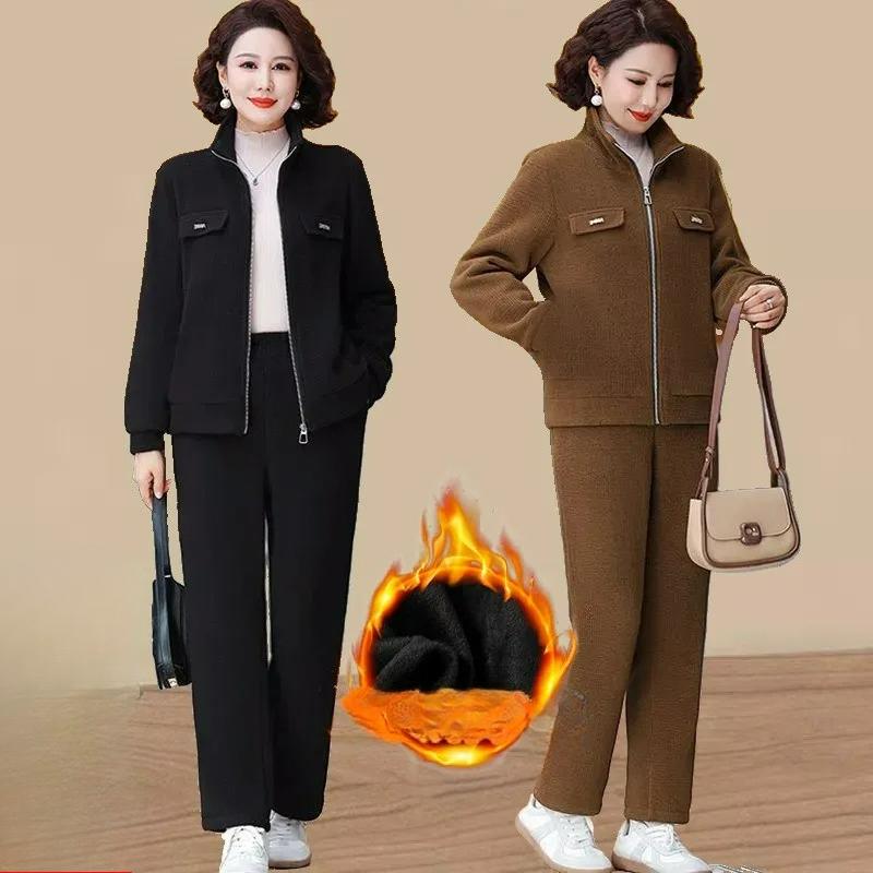 Plus Velvet Warm Sportswear Suit Women's Autumn and Winter Western Style Casual Ladies Suit Two-piece Suit