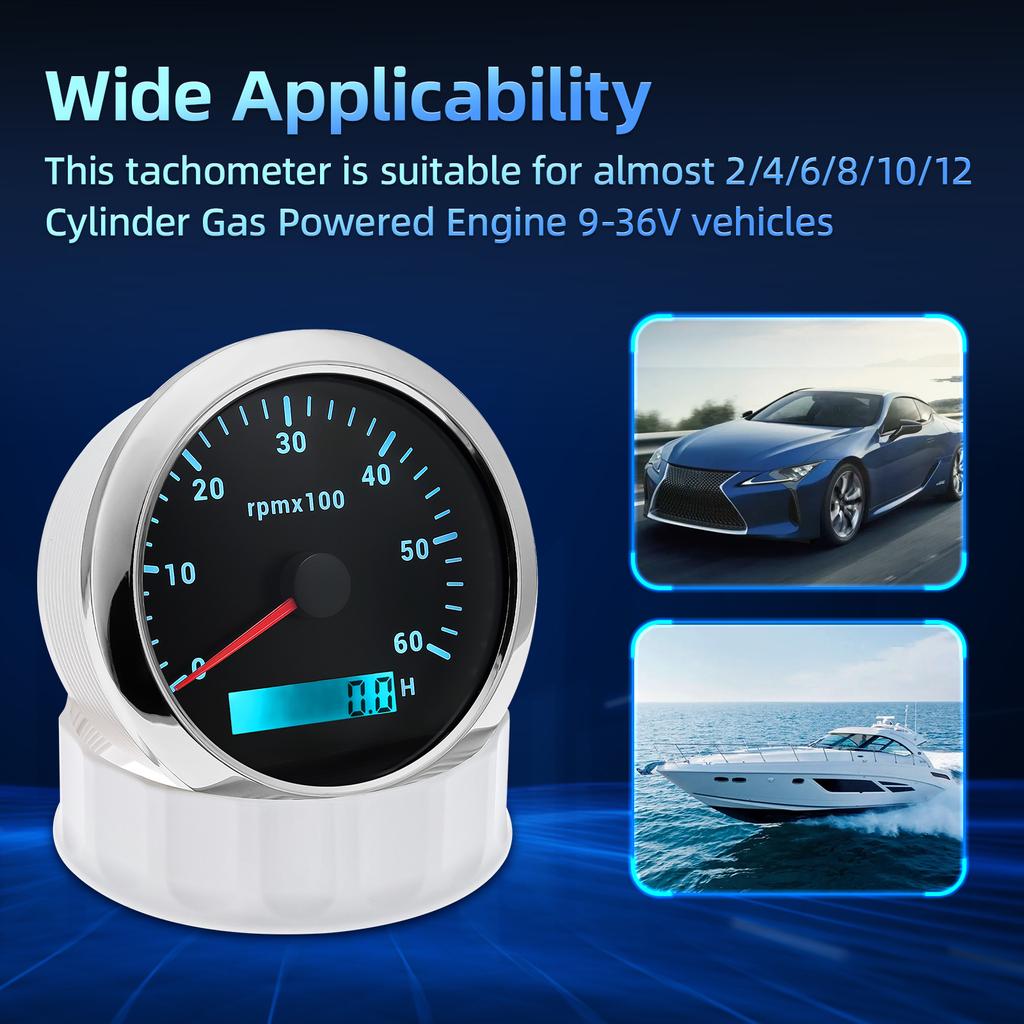 85mm Tachometer With LCD Hourmeter For Marine Boat Car 3000/4000/6000/8000 RPM Tacho Gauge 7 Color Backlight Digital Display