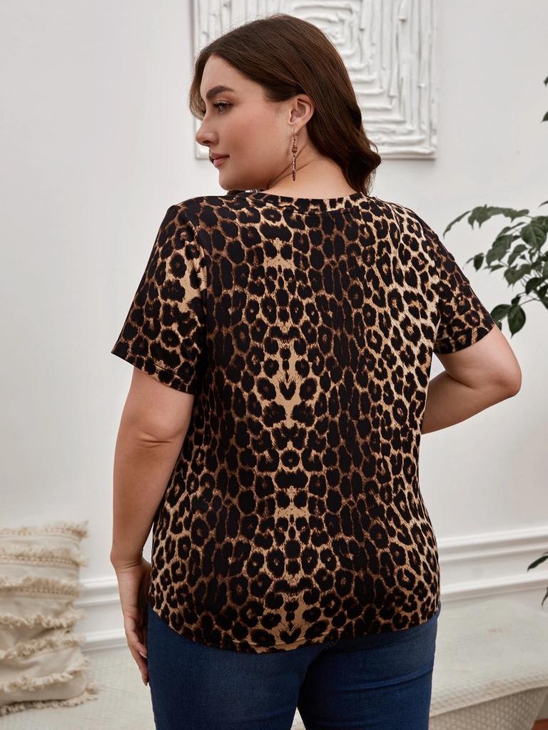 Plus Size Leopard Design Pattern Printed T-shirt Summer Fashionable High Quality Short Sleeved Casual Sports V-Neck Pullover Top