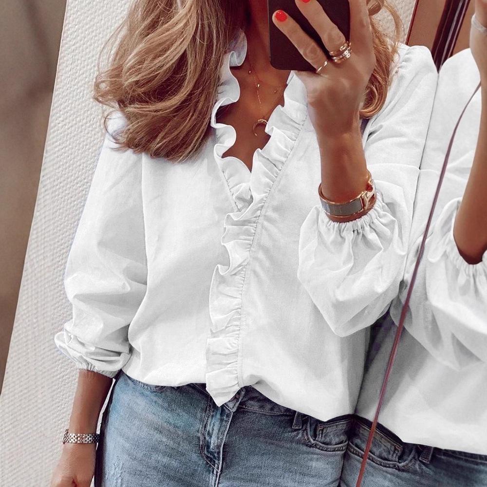 Women's Ruffle V-Neck Long-Sleeve Retro Slimming Top