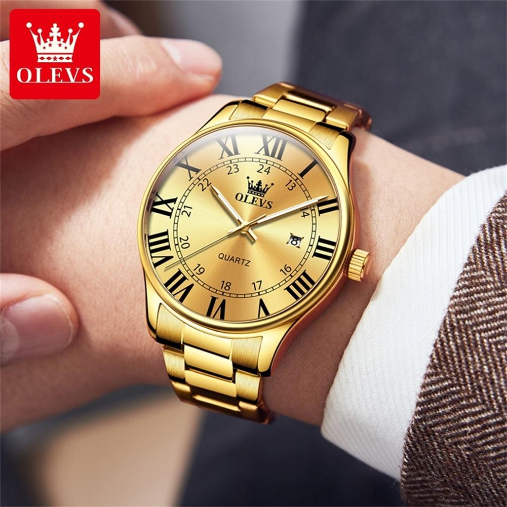 OLEVS Men's Watches Trend Fashion Gold Fine Steel Original Brand Quartz Wristwatch for Man Waterproof Luminous Date Roman Dial