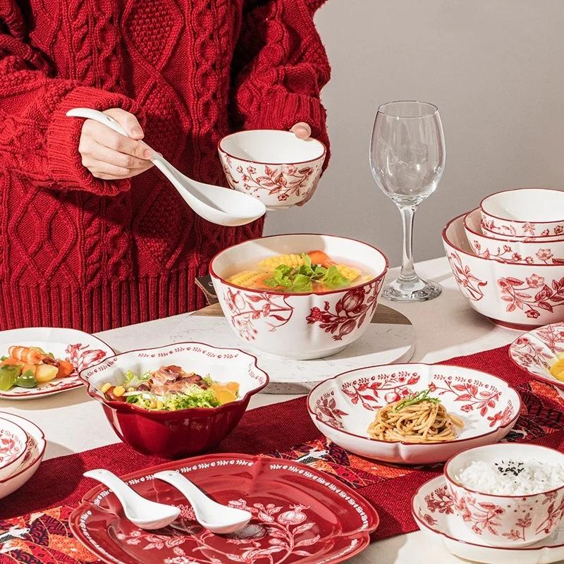 Ceramic Tableware Flower Pattern Bowl Plate Dish Dinner Plate Bread Dish Party Home Dinnerware Table Decoration Kitchen Utensils