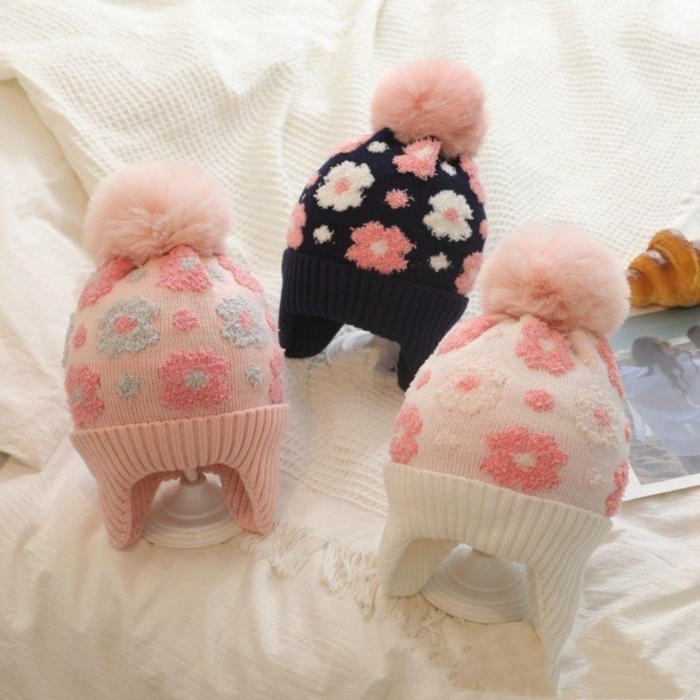 Winter Flower Ear Protector Hat Kids Warm Pompom Knitted Hats Toddler Bonnet  Children's Outdoor