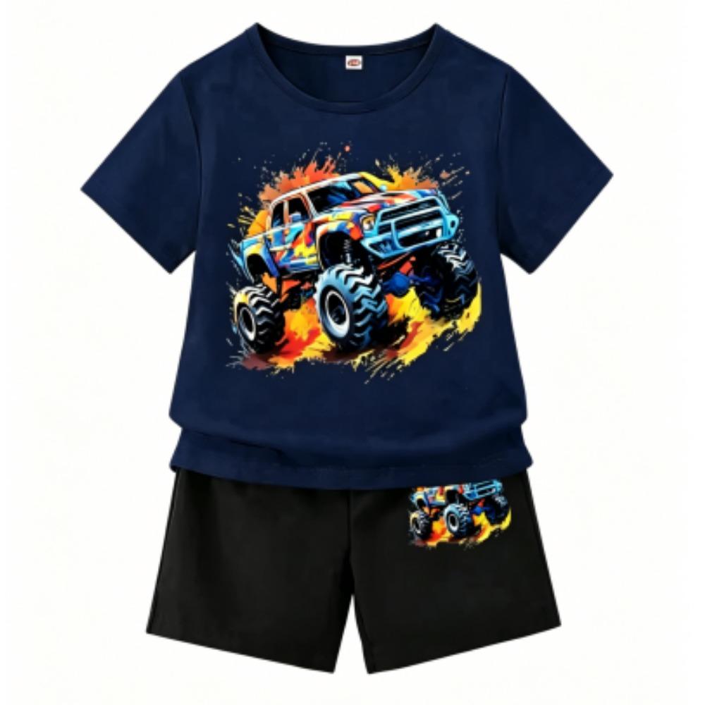 Cartoon Car Print Outdoor Street Kids T-shirt and Shorts Summer Home Casual Outfit Boy and Girl's Sports Set