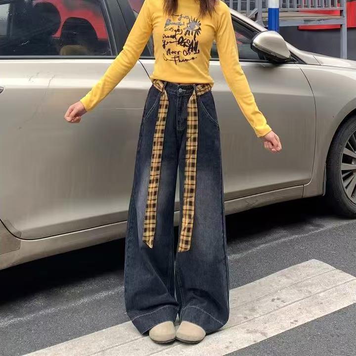 

Petite High-Waisted Plaid Patchwork Wide-Leg Jeans with Bow Knot Extra Small
