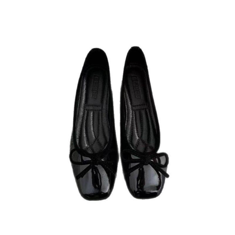 Soft Leather Shallow Mouth Single Shoes New Soft Sole Flat Bottom Square Head Bow Red Women's Shoes Evening Grandma Shoes