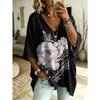 Camiseta de cuello en V de talla grande para mujer, top retro casual, con diseño estampado, moderna y versátil, lavable a máquina.