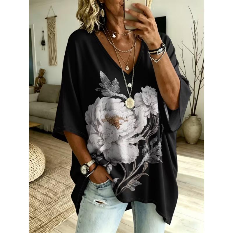 Camiseta de cuello en V de talla grande para mujer, top retro casual, con diseño estampado, moderna y versátil, lavable a máquina.