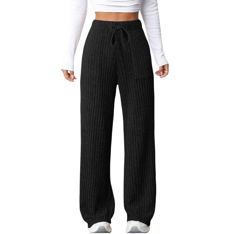 Europäische und amerikanische Herbst-Winter-Neuheit Einfarbig Minimalistische Mode Vielseitige Gerippte Tasche Kordelzug Lässige Hose Damen