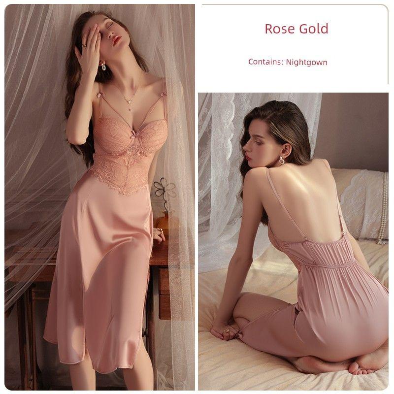 Good Morning with You: French Sexy Lace Long Slip Nightdress Split Pure Desire with Chest Pad Small Chest Pajamas Push Up