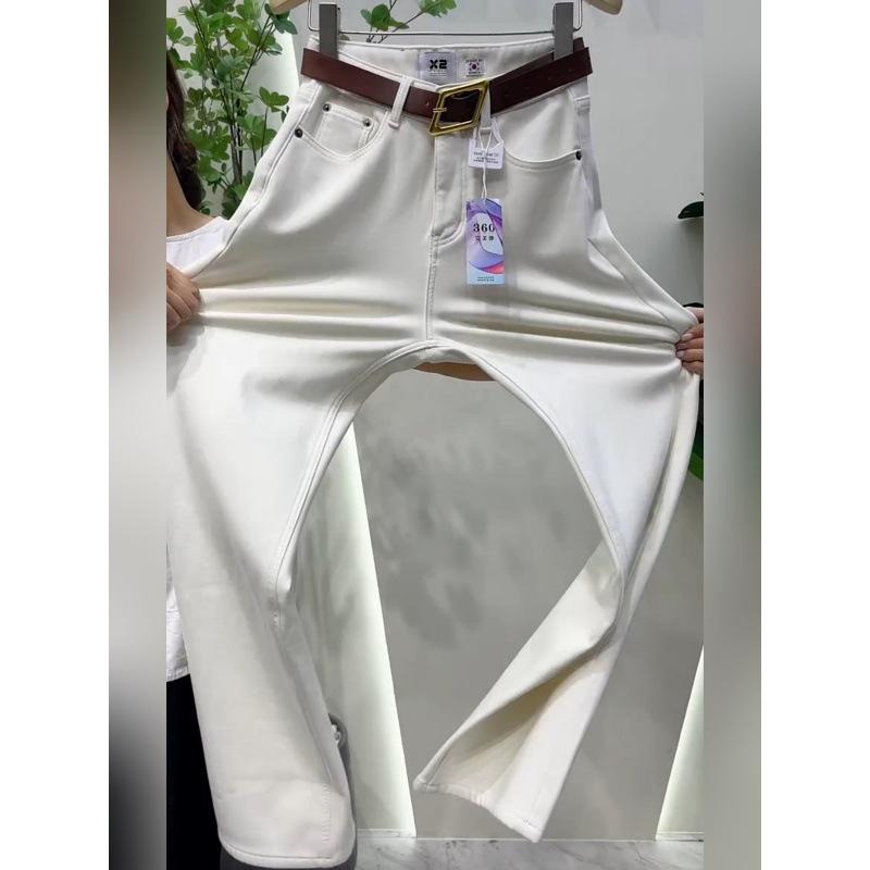 

Plus Size Fleece-Lined Wide-Leg White Jeans: Women s Autumn/Winter Slimming Straight Floor-Length Pants L
