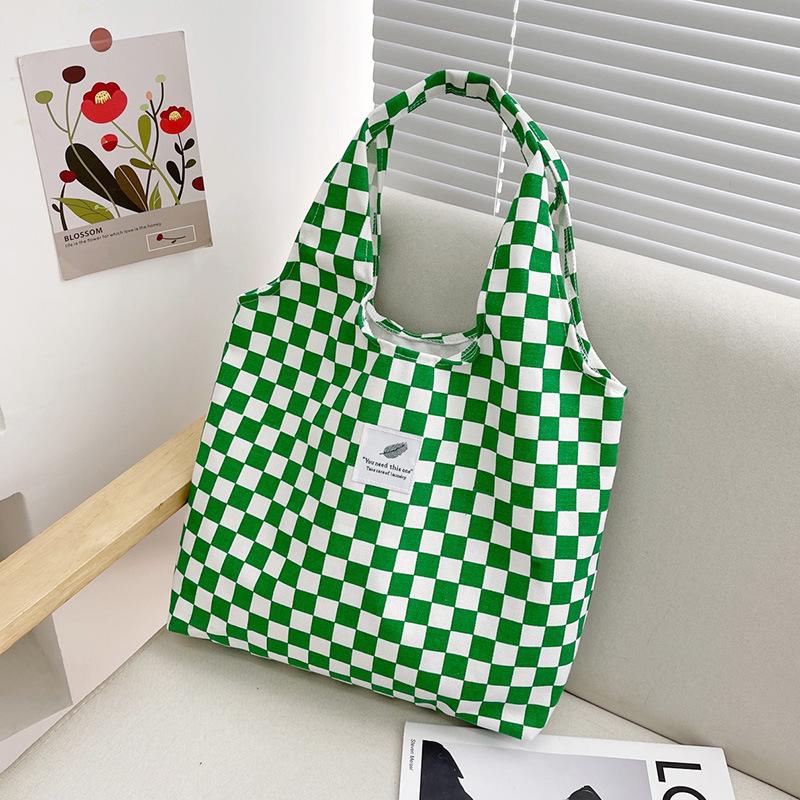 New shoulder portable large-capacity canvas bag summer women's bag simple checkerboard college style shopping bag