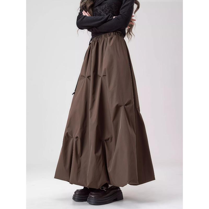 Coffee Brown High Waist Floral Skirt Autumn A Line Flared Pleated Midi Skirt Elegant Fashion Women