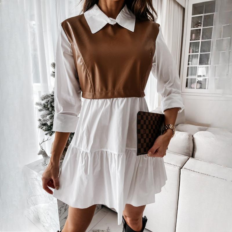 

Модное женское кожаное платье в клетку мини-платье в стиле пэчворк с юбкой для вечеринки и повседневного использования, весеннее платье с оборками XXL коричневый