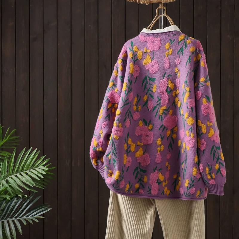 Dimanaf 2025 Květinové svetry Kardigan Podzim Ženy Potisk O-výstřih Svetry Pletení Volný Černý svetr