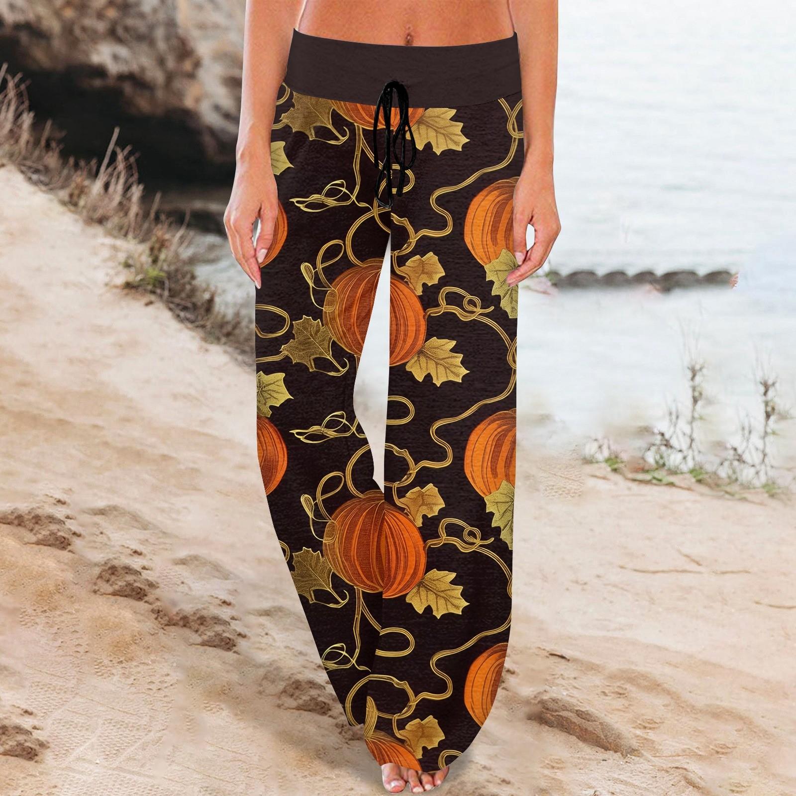 

Женские удобные брюки-слип с принтом на Хэллоуин, широкие брюки на шнурке, повседневные брюки XL оранжевый