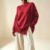 Women's Plus Size Round Neck Knit Sweater - Autumn/Winter 2026 Collection, Solid Color, Loose Fit, Side Split Pullover
