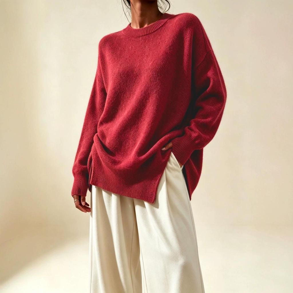 Women's Plus Size Round Neck Knit Sweater - Autumn/Winter 2026 Collection, Solid Color, Loose Fit, Side Split Pullover
