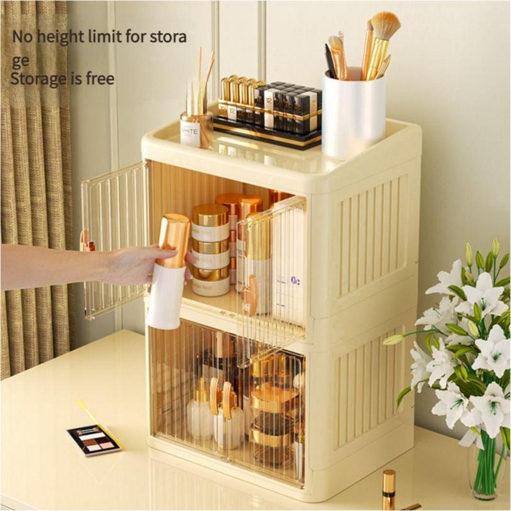 Foldable Makeup Storage Box Dust-proof Large Capacity Storage Shelf Multi Layer Double Door Cosmetics Storage Box