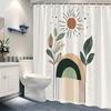 1 minimalist abstract sun arch shower curtain, modern mid-century digital illustration, polyester, machine washable, with hooks
