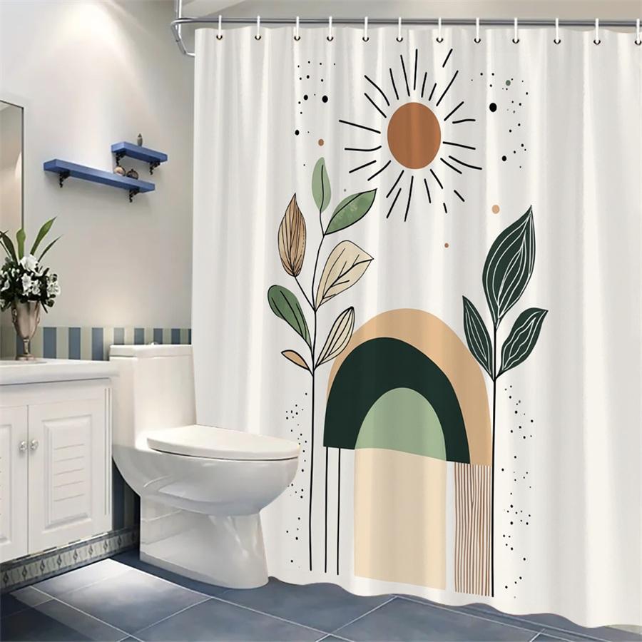 1 minimalist abstract sun arch shower curtain, modern mid-century digital illustration, polyester, machine washable, with hooks