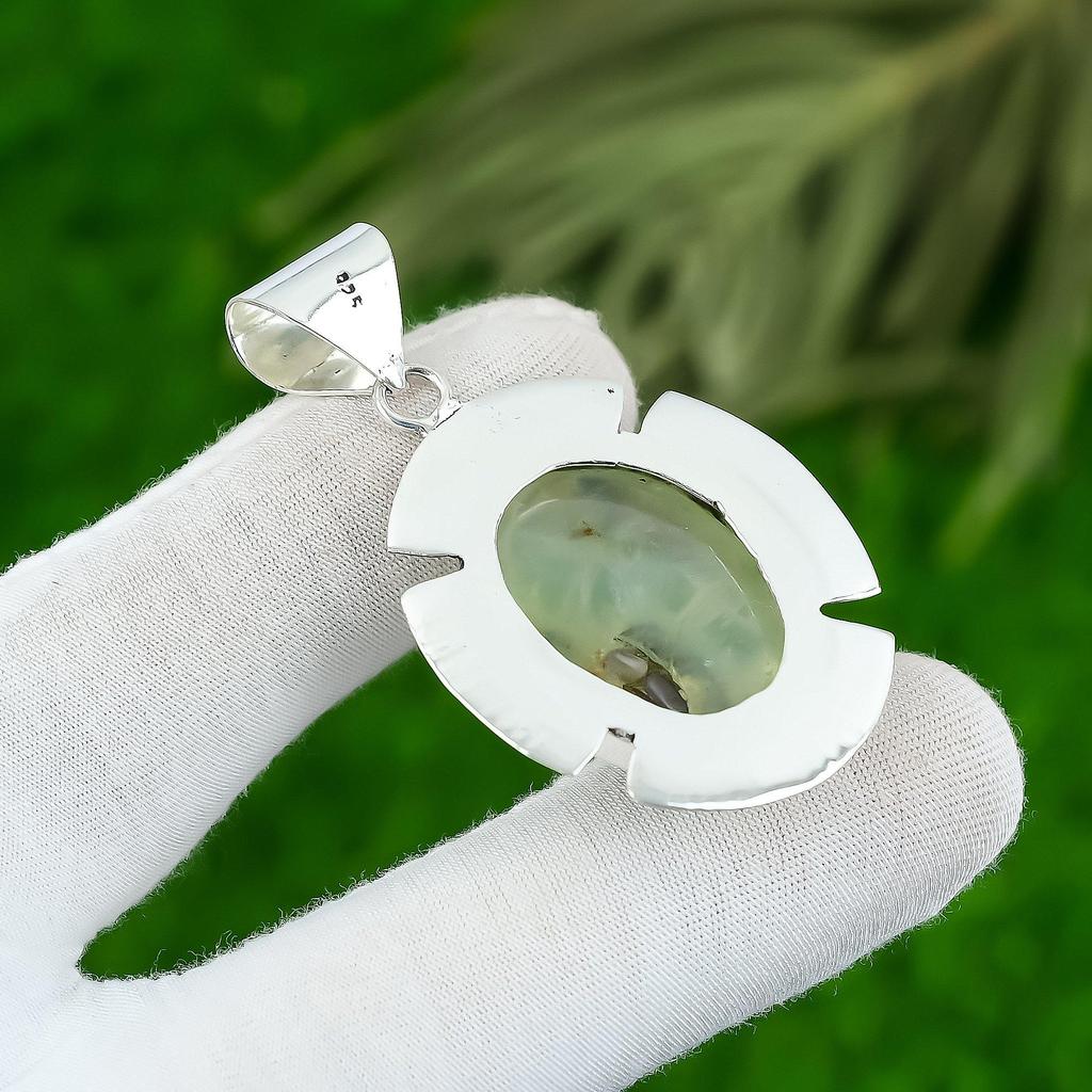 Oval Prehnite Stone 925 Sterling Silver Unique Ethnic Trendy Bezel Wife Pendant